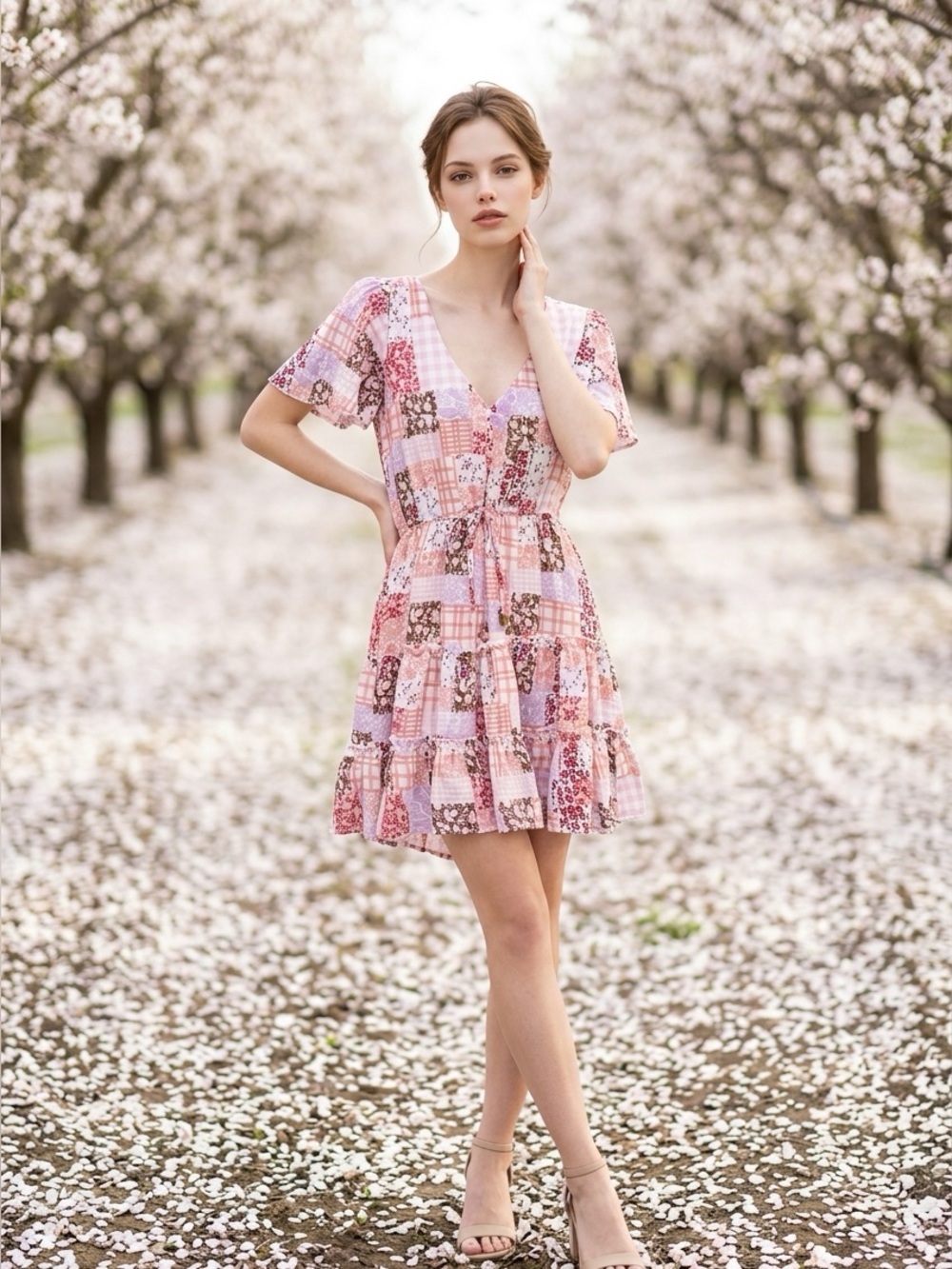 Charlotte Russe Patchwork Floral Tiered Dress - Pink & Brown